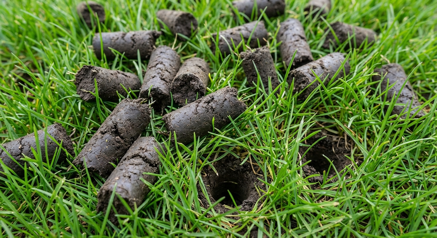 Core aeration soil plugs on a lawn in Elgin IL